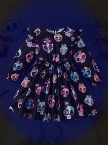 SHEIN Vestido de disfraz con estampado de calavera para niñas y niñas pequeñas, ropa de otoño para niñas, adecuado para uso en Halloween - Multicolor - Ver 2