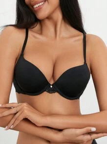 1pc Lace Padded Push Up Brassiere With Underwire - Black - View 5
