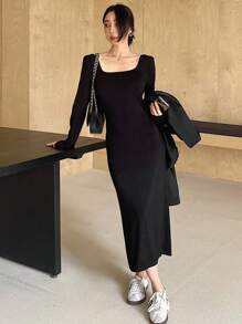 DAZY Vestido largo sencillo de cuello cuadrado negro para mujer en otoño - Negro - Ver 5