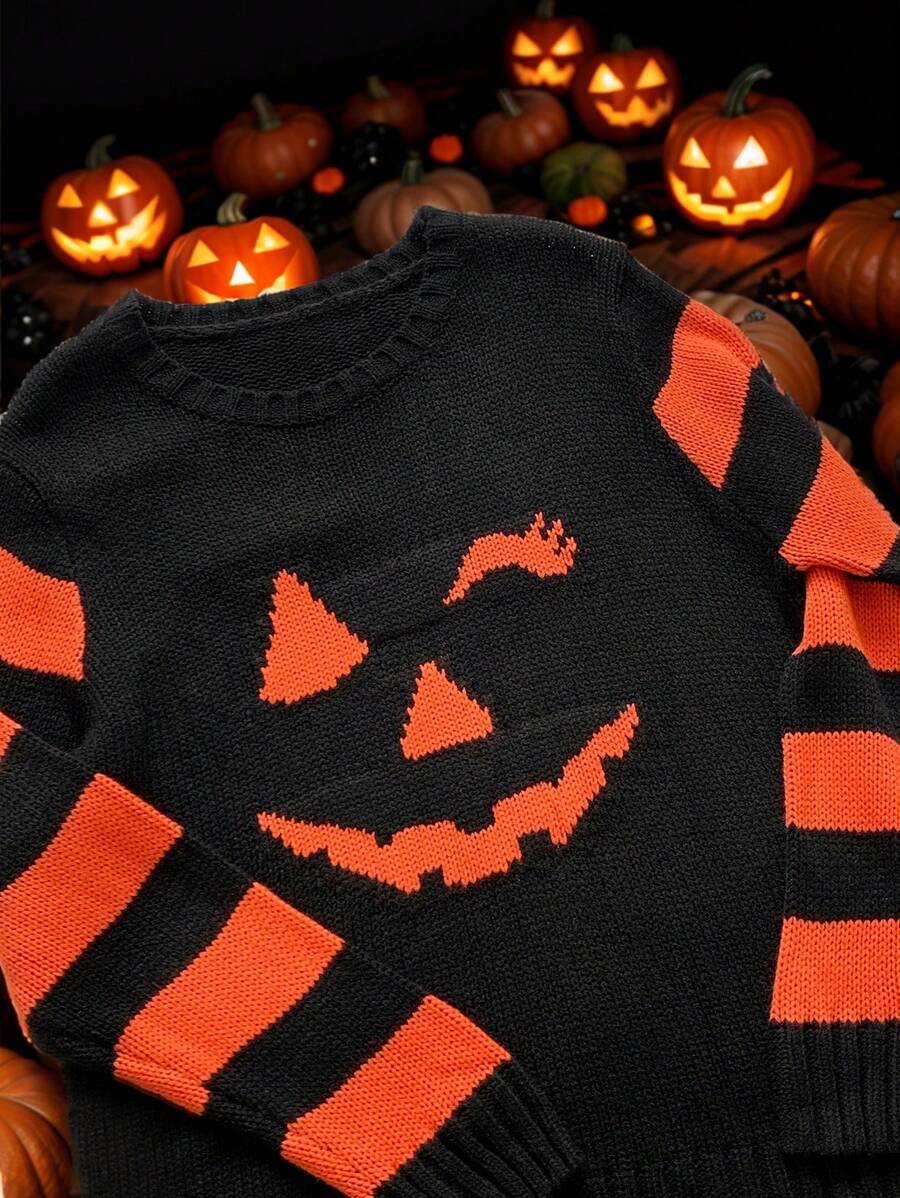 Comfortcana كنزة صوفية بسيطة ذات رقبة طاقم بطبعة هالوين للنساء، للارتداء اليومي العادي في فصلي الخريف والشتاء - الأسود - مشاهدة 1