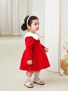 SHEIN Baby Girl Warm & Elegant Red Ruffled Collar Long Sleeve Knee-Length Dress For Christmas Party And Casual Outings, Autumn Winter - Red - View 9