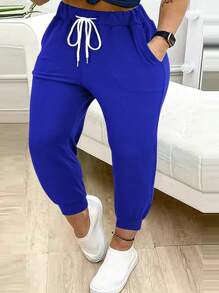 Plus Size Women's Solid Color Drawstring Waist Jogger Pants - Blue - View 4