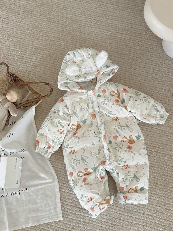 Infant Girls' Warm Hooded Padded Romper Outfit, Autumn/Winter