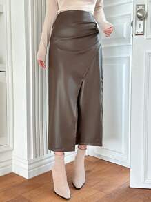 DAZY 女士纯色不对称设计休闲半身裙，铅笔裙，皮裙 - 咖啡棕 - 查看 6