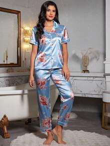 Conjunto de Pijama Floral Elegante de Cetim com 2 Peças para Mulheres - Multicolorido - Visão 4