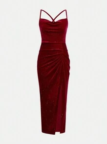 SHEIN Girlism Tween Girl Elegant Burgundy Velvet Ruffle Draped Neck Bodycon Dress With Slit, Suitable For Christmas Party & Holiday Dress - Burgundy - View 5