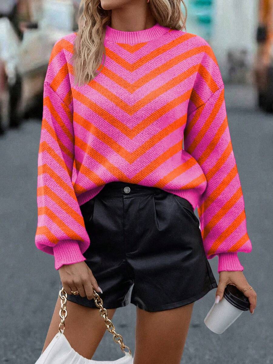 EMERY ROSE Women's Oversized Striped Crewneck Long Sleeve Casual Sweater, Fall/Winter,Long Sleeve Tops Knit Pullover