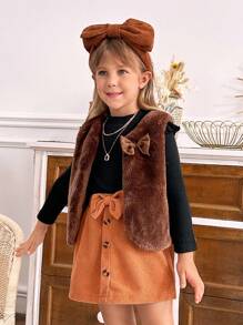 SHEIN Bộ 3 áo len tay nhún màu đen cho bé gái, váy nhung kẻ hình bướm và áo len cardigan mềm mại mặc đi làm thường ngày - màu đen - Xem 1