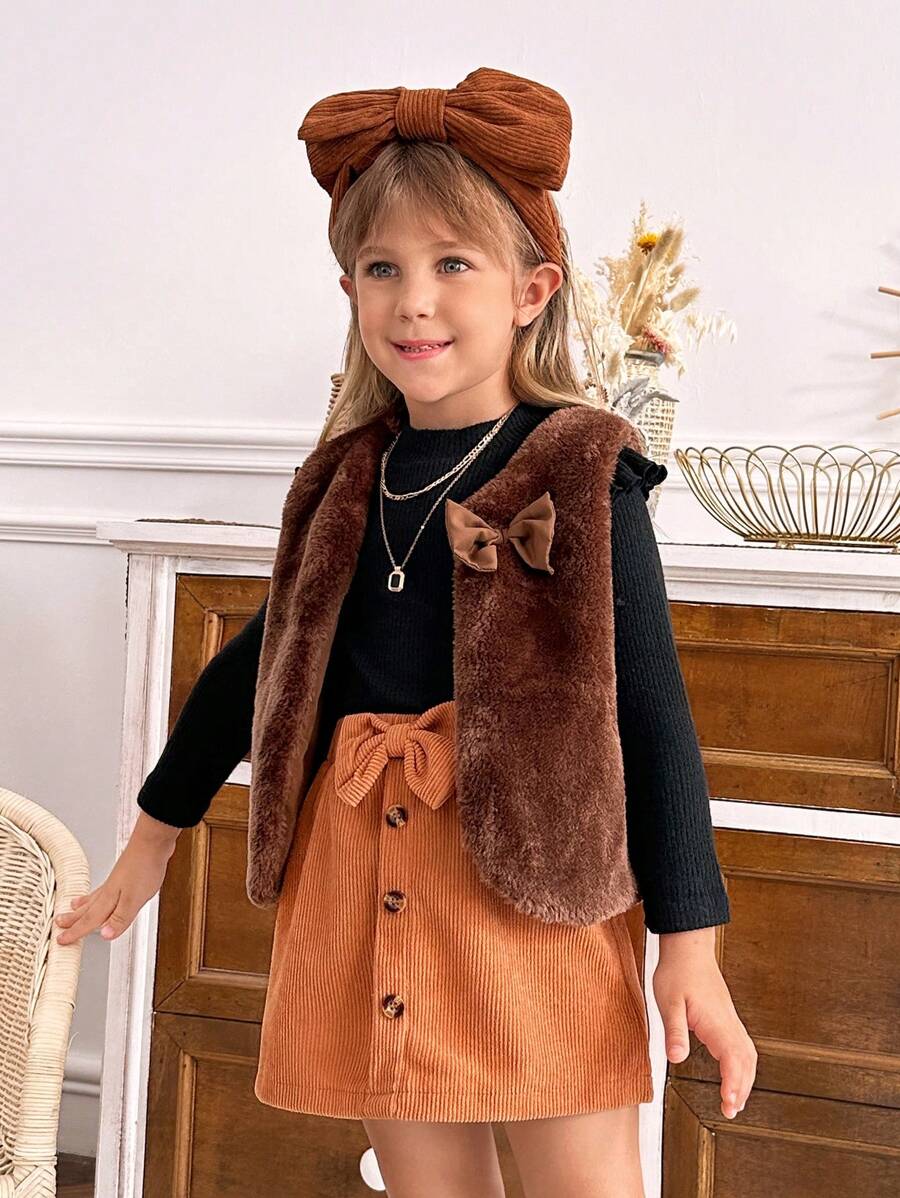 SHEIN Bộ 3 áo len tay nhún màu đen cho bé gái, váy nhung kẻ hình bướm và áo len cardigan mềm mại mặc đi làm thường ngày - màu đen - Xem 1