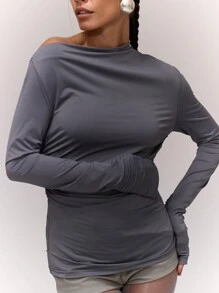 MUSERA Slinky Asymmetrical Shoulder Ruched Long Sleeve Top Vacation Spring Elegant Sexy ,Elegant Springl Boho Holiday - Dark Grey - View 5