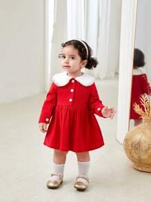 SHEIN Baby Girl Warm & Elegant Red Ruffled Collar Long Sleeve Knee-Length Dress For Christmas Party And Casual Outings, Autumn Winter - Red - View 6
