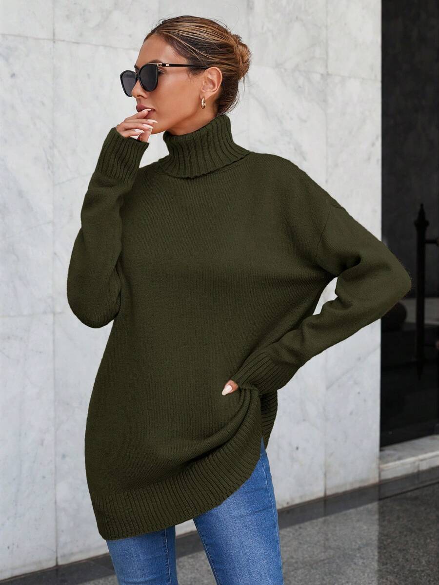 EURMUSE Solid Color High Neck Drop Shoulder Sleeve Women's Sweater - Khaki - View 1