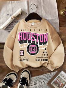 SHEIN Tween Girls' Casual Simple Loose Letter Pattern Thermische gevoerde losse lange mouwen ronde hals dikke sweatshirt, geschikt voor herfst en winter