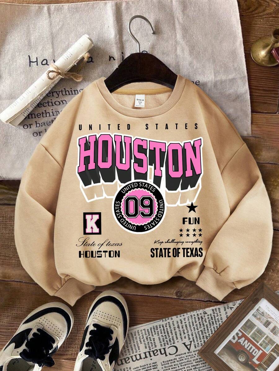 SHEIN Tween Girls' Casual Simple Loose Letter Pattern Thermische gevoerde losse lange mouwen ronde hals dikke sweatshirt, geschikt voor herfst en winter