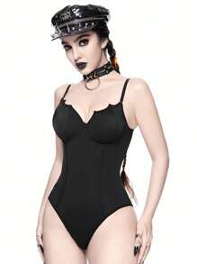ROMWE Halloween Gothic Bat Collar Design One-Piece Swimsuit - Black - View 5