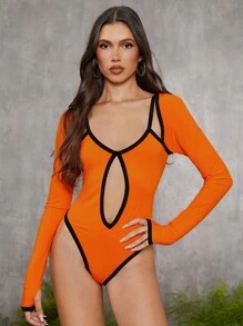 evoluSHEIN X Anitta VICTOR VON SCHWARZ Designer Contrasted Binding Cut-Outs Thumb Hole Long Sleeve Bodysuit, Holiday, Thanksgiving, Spring & Summer, Festival