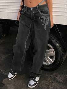 女士修身刺绣黑色直筒裤 休闲春季款 - 黑色 - 查看 8