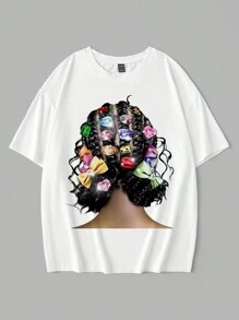 Slaydiva Camiseta de manga corta, cuello redondo, corte holgado, con patrón simple, de tela ligeramente transparente, para talla grande y uso casual en verano