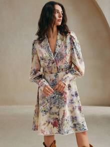 Anewsta Women's V-Neck Long Sleeve All-Over Retro Floral Print Lantern Sleeve Dress - Purple - View 6