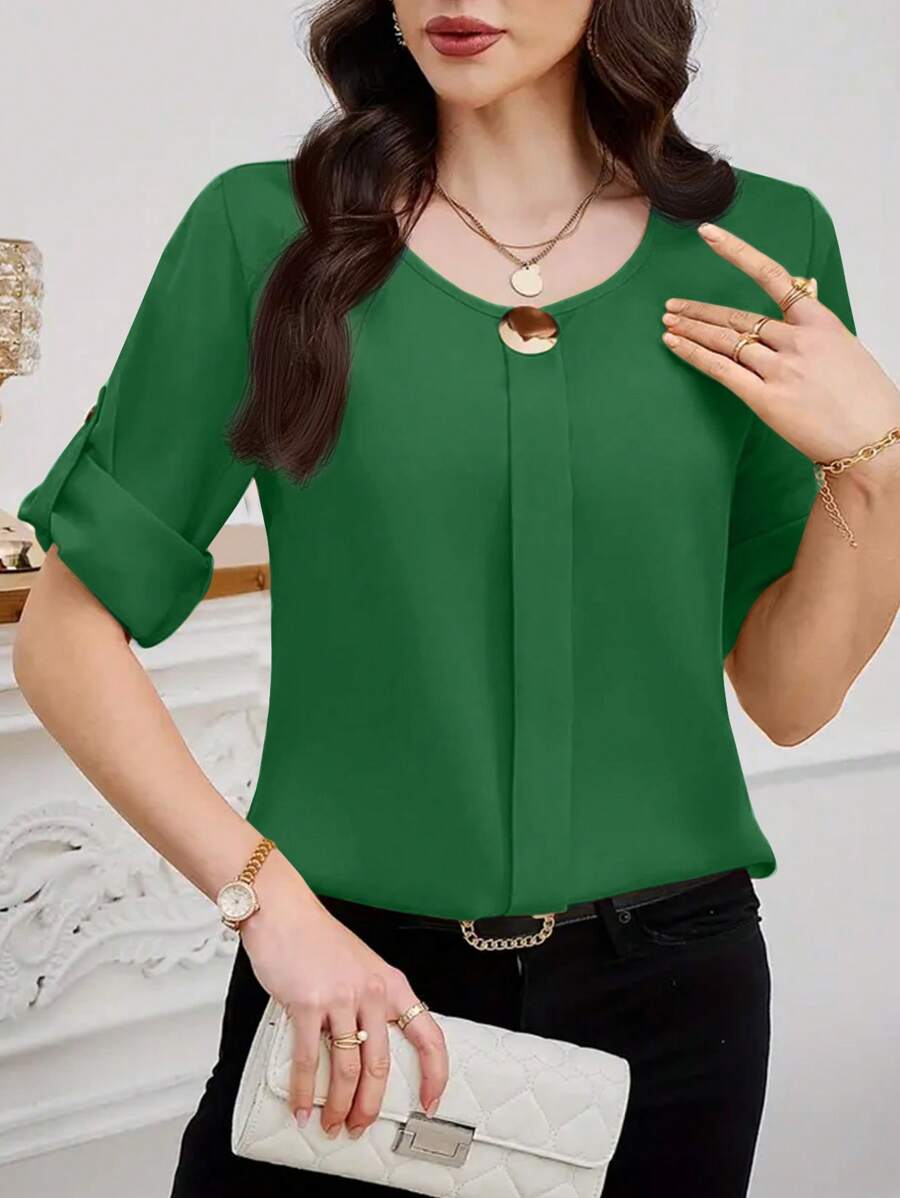 SHEIN Clasi 女式纯色圆领卷边短袖衬衫,夏季 - 墨綠色 - 查看 1