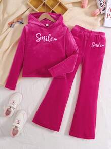 SHEIN 2pcs/Set Tween Girls Loose Casual Simple Soft Hoodie Top With Letter Embroidery And Pants Outfit