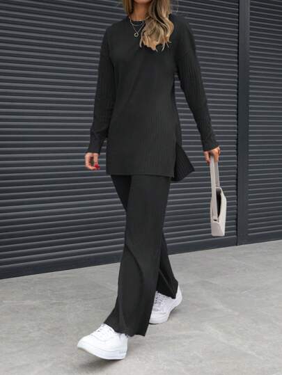 EURMUSE 100% Cotton 2pcs/Set Women's Solid Color Round Neck Long Sleeve Casual Top And Pants Set