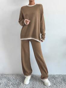 SHEIN ChicEase 2pcs Women's Solid Color Patchwork Crew Neck Long Sleeve Sweater & Pants Casual Set - Multicolor - View 3
