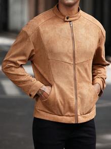 Manfinity Bizformal Men Suede-Like Split Line Stand Collar Casual Jacket, Grunge, Fall - Brown - View 2