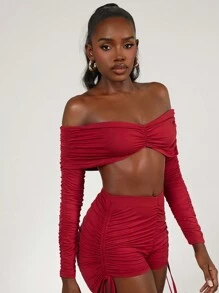 evoluSHEIN X Anitta RAUL OROZCO Designer Draped Off Shoulder Long Sleeve Top, Holiday, Thanksgiving, Spring, Going Out, Festival - Burgundy - View 6