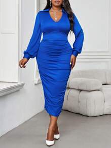 SHEIN Lady Váy xanh thanh lịch cỡ lớn cho nữ mùa thu đông thanh lịch Váy lấp lánh Váy dài mùa thu Váy dạ hội hóa trang Váy dài tay cổ chữ V màu xanh hoàng gia cho nữ Váy dự tiệc Trang phục lễ hội Váy phù dâu Váy phù dâu - Màu xanh hải quân - Xem 3