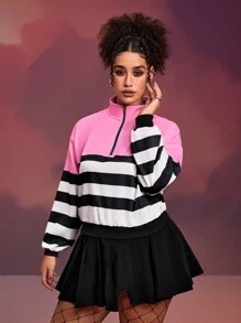 SHEIN X Care Bears Designer 1pc Plus Size Casual Cartoon Bear & Contrast Stripe Print Half Zip Mock Neck Sweatshirt, Spring Autumn, Holiday, Thanksgiving, Winter, Festival