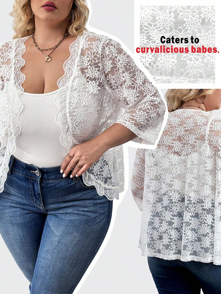 SHEIN CURVE+ 大码白色蕾丝夹克外套 - 白色 - 查看 1