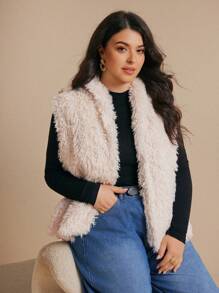 Elaquor Plus Size Open Front Fashionable Sleeveless Casual Elegant Fluffy Jacket - Apricot - View 1
