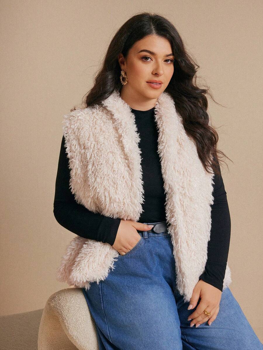 Elaquor Plus Size Open Front Fashionable Sleeveless Casual Elegant Fluffy Jacket - Apricot - View 1