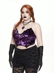 ROMWE Goth 大码女式哥特式和蝙蝠印花吊带背心短款上衣，万圣节 - 紫色 - 查看 5