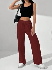 SHEIN Unity 女士纯色腰系带直腿宽松休闲裤 - 酒紅色 - 查看 6
