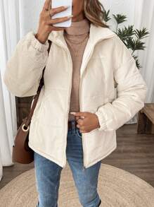 SHEIN LUNE 1pc Women's Solid Color Long Sleeve Zip-Up Corduroy Padded Padded Coat, Winter - Apricot - View 7