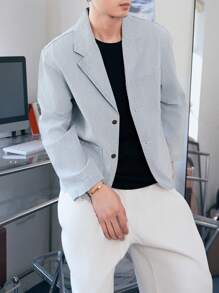 Manfinity Homme Men's Loose Fit Casual Retro Striped Light Blue Denim Jacket - Light Wash - View 1