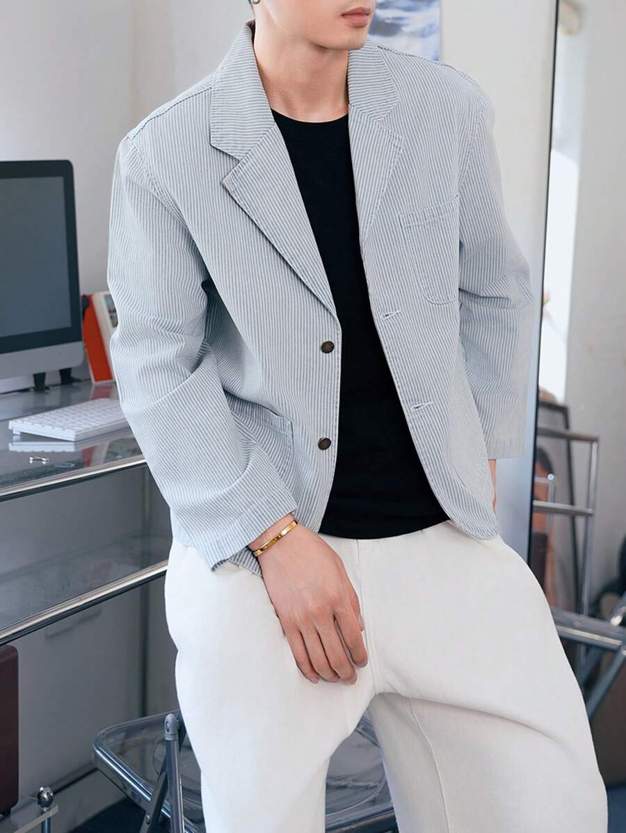 Manfinity Homme Men's Loose Fit Casual Retro Striped Light Blue Denim Jacket - Light Wash - View 1