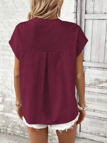 SHEIN LUNE Áo cánh dơi tay ngắn cổ chữ V trơn mùa hè cho nữ - Màu Đỏ Sâu - Xem 2