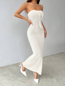 SHEIN PETITE Váy co giãn màu mơ đan tay đơn giản và thanh lịch dành cho nữ - Màu be - Xem 4