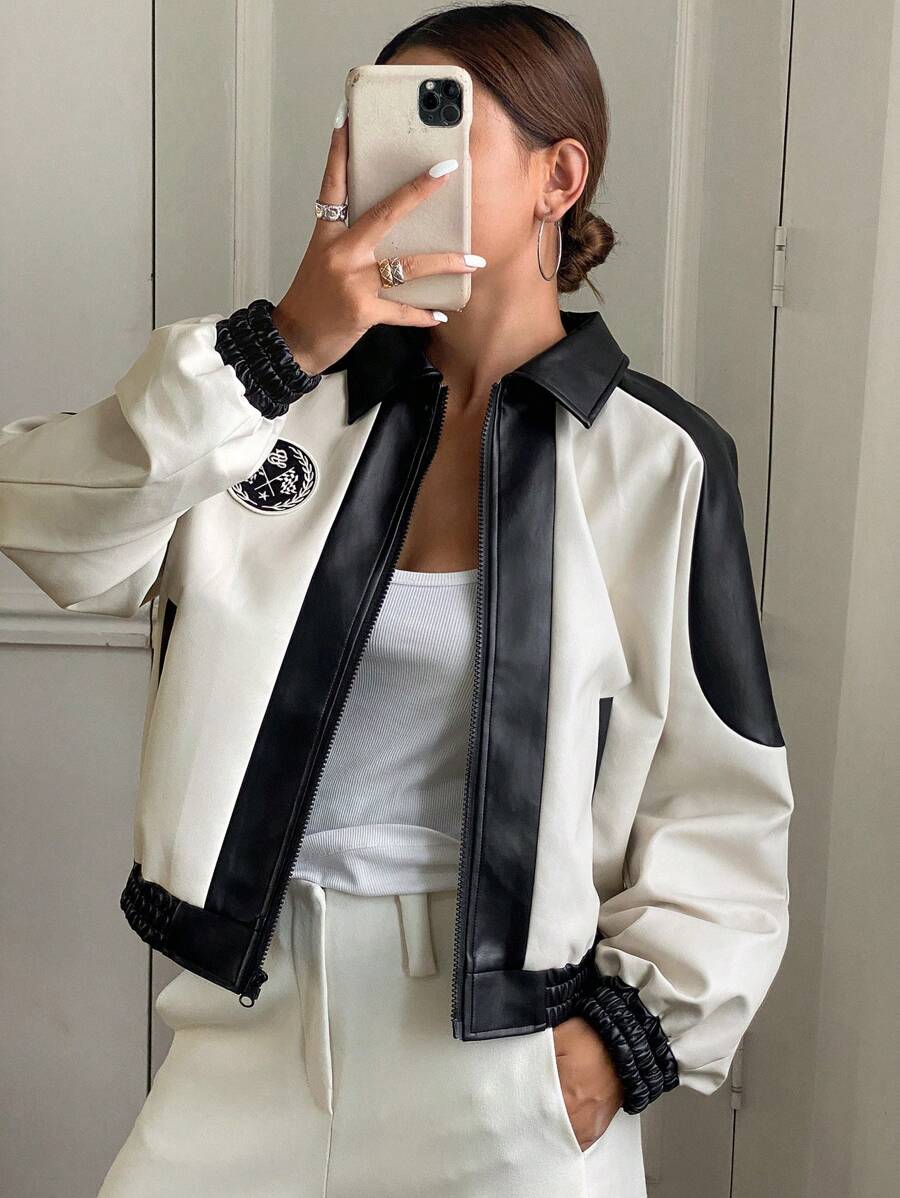 DAZY 拼布撞色 PU 领超大长袖提花图案女式夹克，秋季女装 - 黑色 - 查看 1