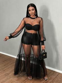 Slaydiva 新款复活节西部性感街头风女装辣妹透视网纱长袖A字宽松纯色连衣裙，黑色 - 黑色 - 查看 7