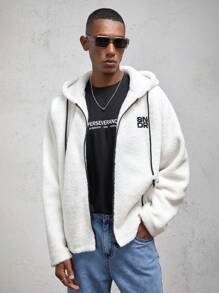 AKNOTIC Business Casual Veste décontractée à capuche en laine avec lettres brodées, à manches raglan amples, convenant pour l'automne et l'hiver - Blanc - Voir 9
