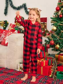 SHEIN Conjunto de pijama de Navidad para niñas, ropa de dormir a juego para fiesta navideña familiar, mono con estampado a cuadros, tela suave y cálida, decoraciones navideñas de otoño e invierno - Rojo - Ver 4