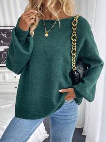 SHEIN LUNE Damen Einfarbiger Rundhals Dropped Shoulder Langarm Locker Lässig Pullover, Herbst/Winter, Strick Pullover Herbst - Dunkelgrün - Übersicht 5