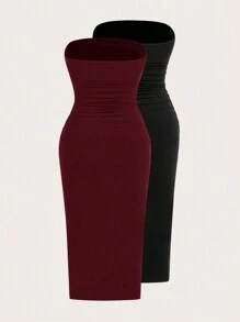 SHEIN EZwear Two-Piece Set Strapless Knit Dress For Women - Rose Red - View 2