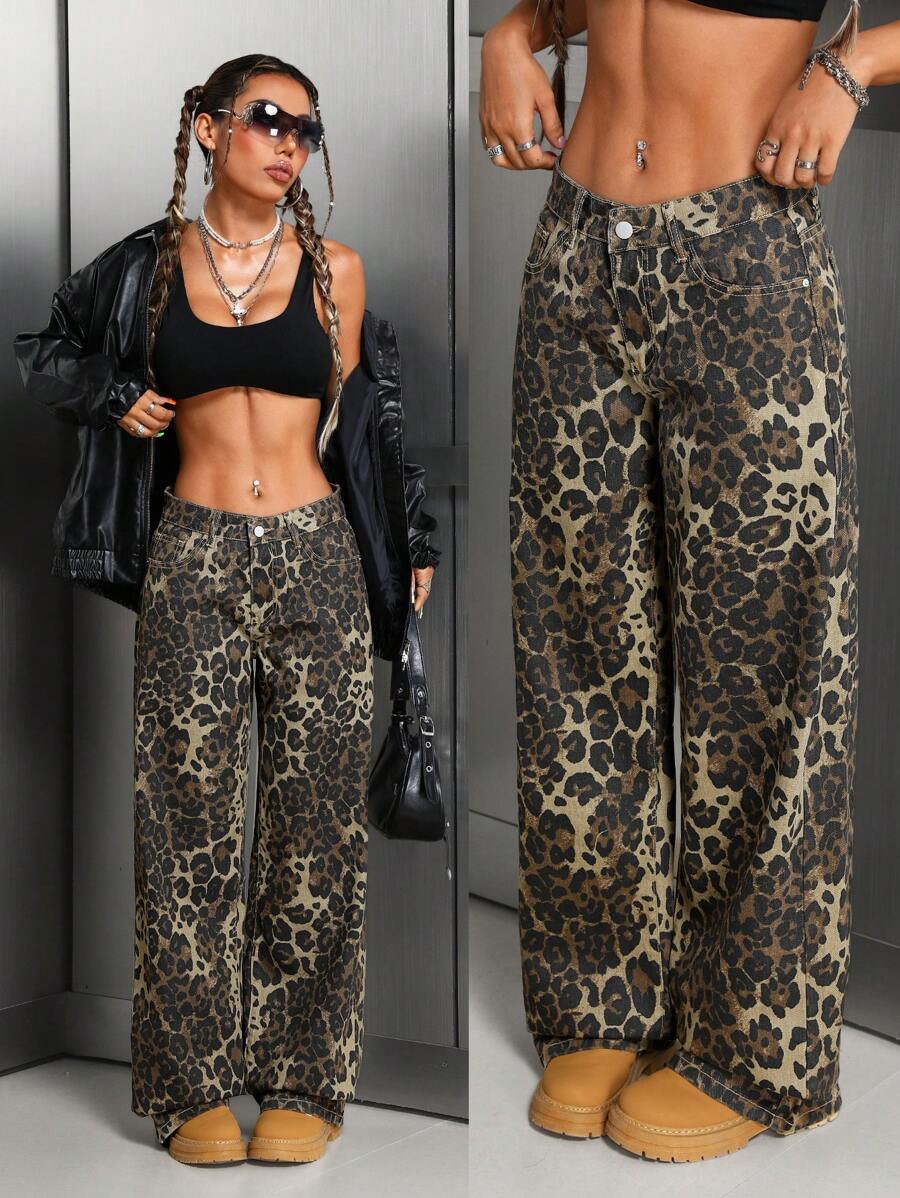 SHEIN ICON 女式宽松豹纹直筒休闲牛仔裤 - 彩色 - 查看 1