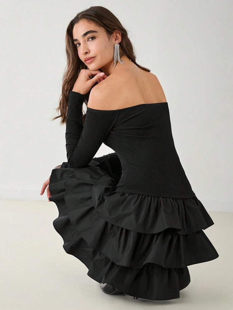 Damska jesienna nowa romantyczna jesienna czarna sukienka z odkrytymi ramionami i długimi rękawami, warstwowa, falbaniasta, elegancka, jesienno-zimowa sukienka, sukienka imprezowa