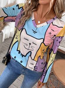 EMERY ROSE Camiseta de punto con cuello en V con estampado de gato lindo para mujeres, multicolor